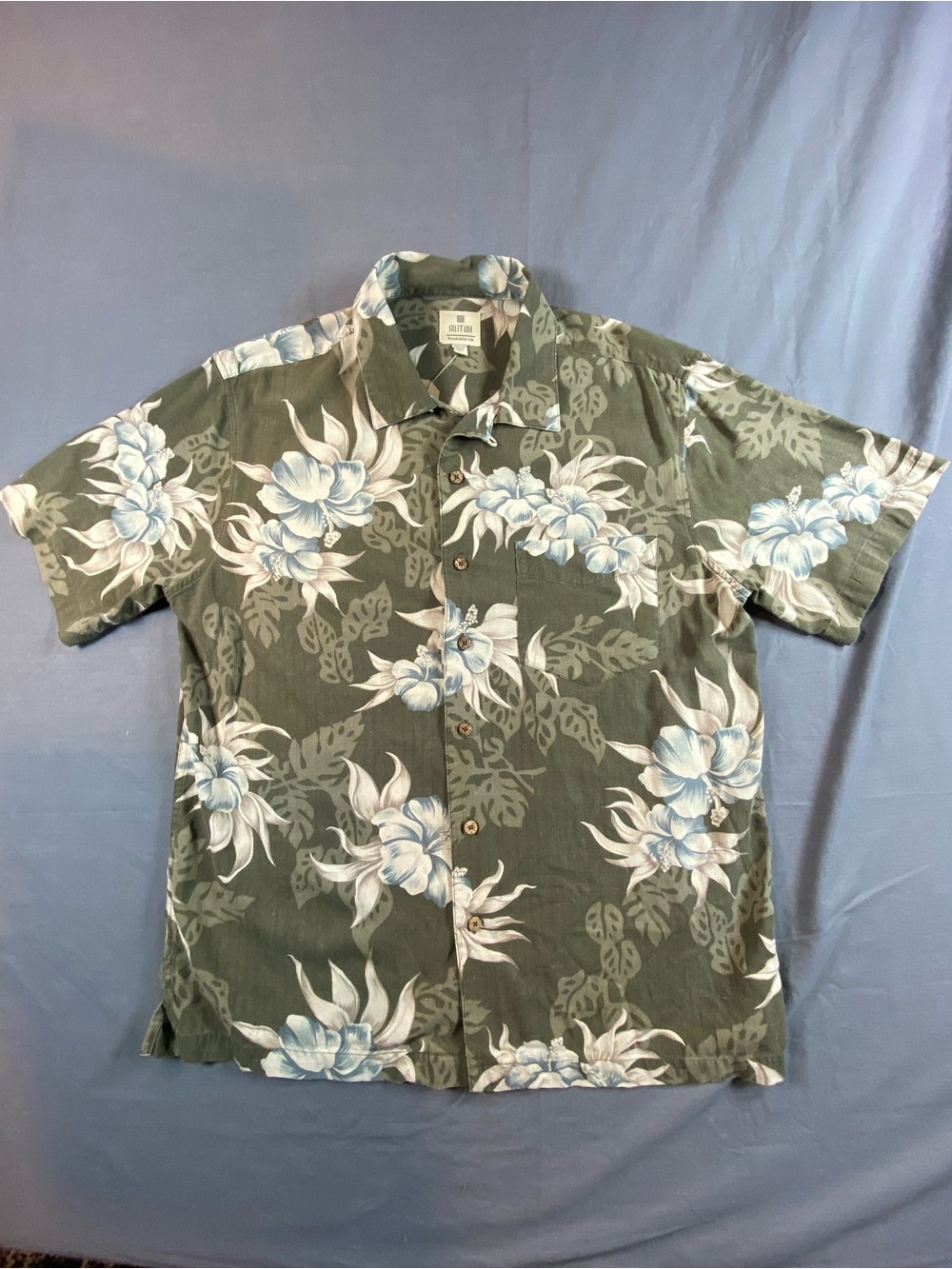 Vintage washable silk Men's Olive Green Hawaiian Floral Short-Sleeve Shirt